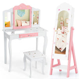 2 Pieces Kids Vanity Set and Jewelry Armoire Cabinet with Full-length Mirror-White