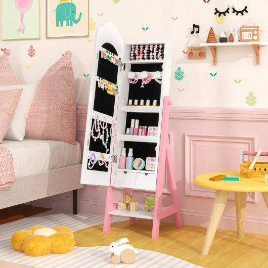 2 Pieces Kids Vanity Set and Jewelry Armoire Cabinet with Full-length Mirror-White