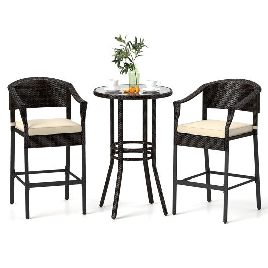 3-Piece Patio Rattan Bar Set with Tempered Glass Top for Backyard Poolside-Brown