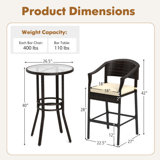 3-Piece Patio Rattan Bar Set with Tempered Glass Top for Backyard Poolside-Brown