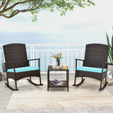 3 Piece Patio Rocking Set Wicker Rocking Chairs with 2-Tier Coffee Table-Turquoise