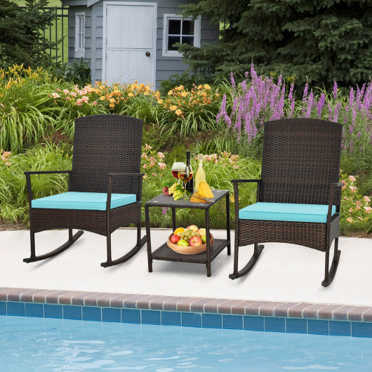 3 Piece Patio Rocking Set Wicker Rocking Chairs with 2-Tier Coffee Table-Turquoise