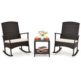 3 Piece Patio Rocking Set Wicker Rocking Chairs with 2-Tier Coffee Table-Off White