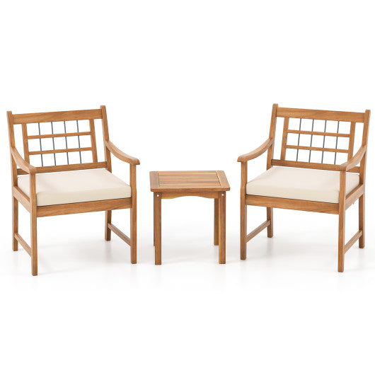 3 Piece Wood Patio Furniture Set with Seat Cushions and Acacia Wood Frame-White