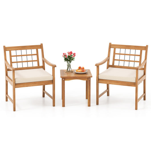 3 Piece Wood Patio Furniture Set with Seat Cushions and Acacia Wood Frame-White