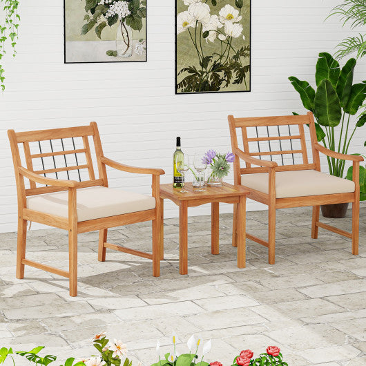 3 Piece Wood Patio Furniture Set with Seat Cushions and Acacia Wood Frame-White