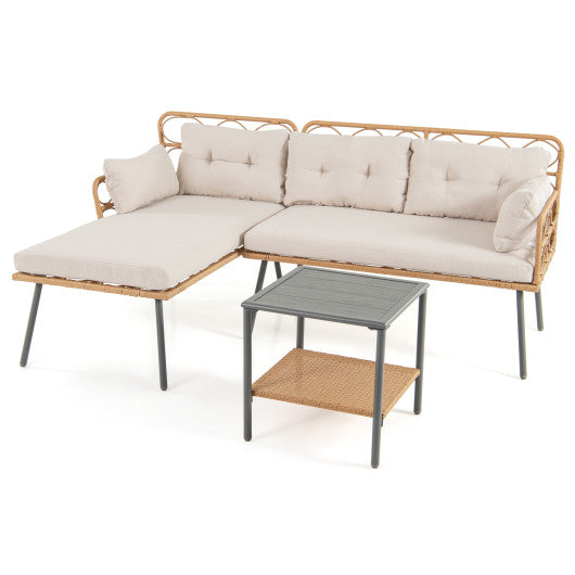3 Pieces Corner Patio Furniture with Small Coffee Table-Beige
