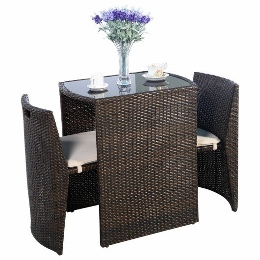 3 Pieces Cushioned Wicker Patio Bistro Set with No Assembly Needed