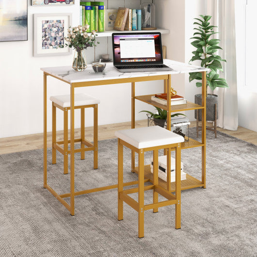 3 Pieces Gold Bar Table Set for 2 with 3-Tier Storage Shelves-Golden