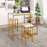 3 Pieces Gold Bar Table Set for 2 with 3-Tier Storage Shelves-Golden
