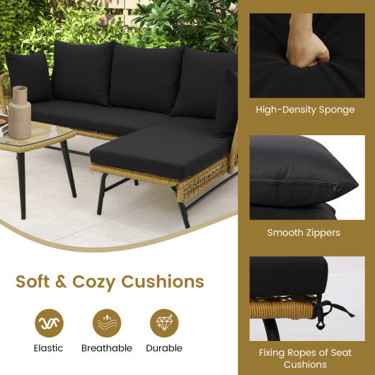 3 Pieces L-Shaped Patio Sofa with Cushions and Tempered Glass Table-Black
