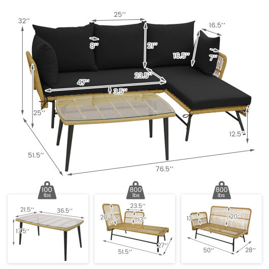 3 Pieces L-Shaped Patio Sofa with Cushions and Tempered Glass Table-Black