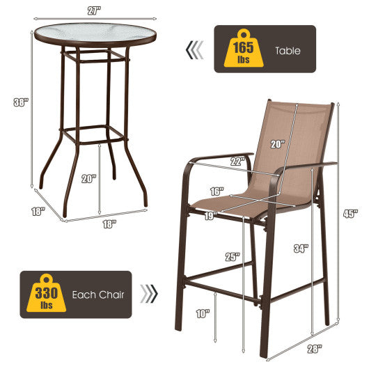 3 Pieces Outdoor Patio Bar Table Stool Set-Brown