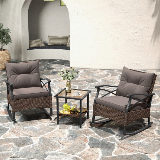 3 Pieces Outdoor Rattan Rocking Chairs Set with  2-Tier Side Table for Garden Backyard-Brown