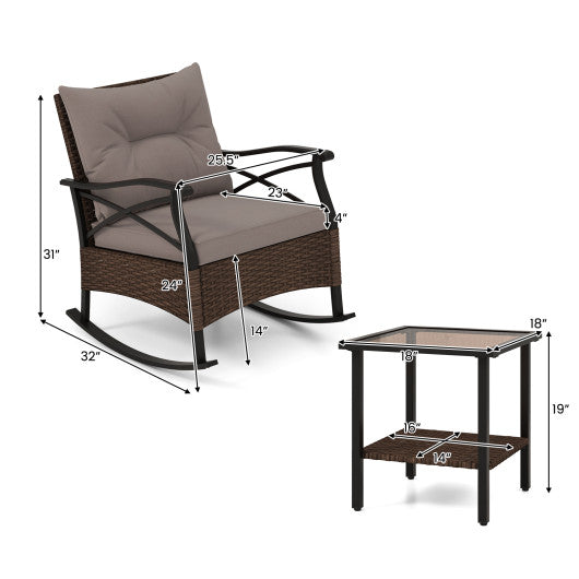 3 Pieces Outdoor Rattan Rocking Chairs Set with  2-Tier Side Table for Garden Backyard-Brown
