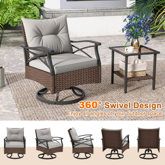 3 Pieces Outdoor Swivel Rocking Chairs Set with 2-Tier Tempered Glass Side Table-Brown