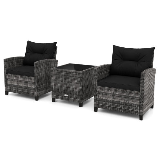 3 Pieces Outdoor Wicker Conversation Set with Tempered Glass Tabletop-Black
