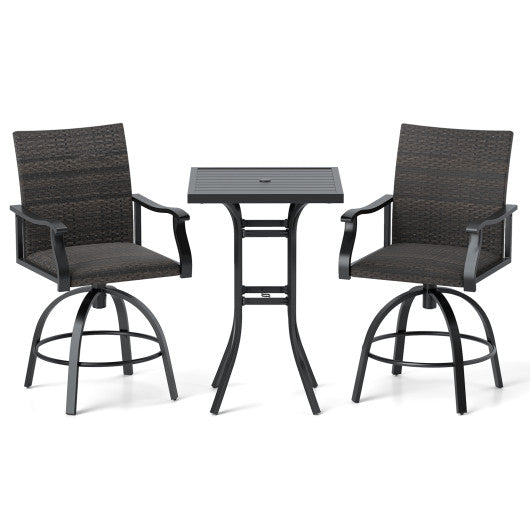 3 Pieces PE Wicker Patio Swivel Bar Set with Quick-Drying Foam-Black