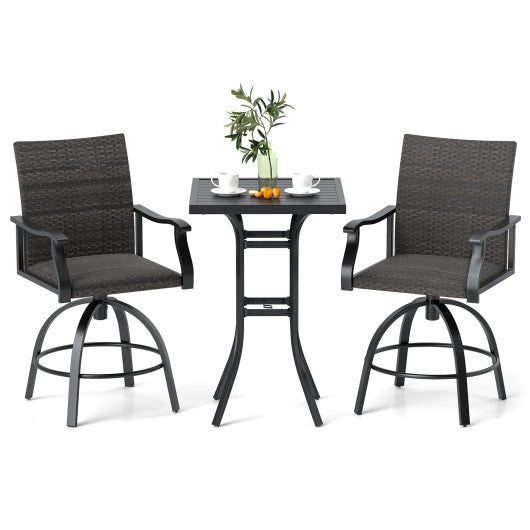 3 Pieces PE Wicker Patio Swivel Bar Set with Quick-Drying Foam-Black