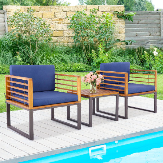 3 Pieces Patio Acacia Wood Conversation Set with Cushioned Armchairs-Navy