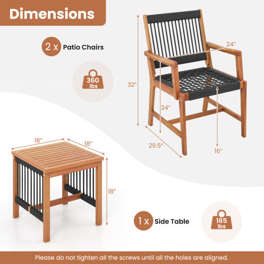 3 Pieces Acacia Wood Patio Furniture Set with Armchairs Coffee Table