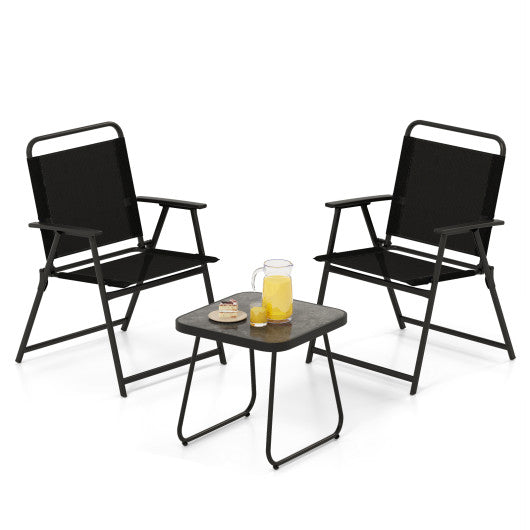 3 Pieces Patio Folding Conversation Chairs and Table-Black