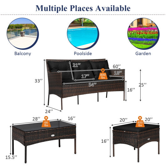 3 Pieces Patio Furniture Sectional Set with 5 Cozy Cushions-Black