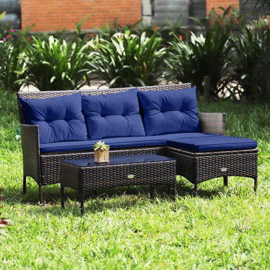 3 Pieces Patio Furniture Sectional Set with 5 Cozy Cushions-Navy