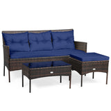 3 Pieces Patio Furniture Sectional Set with 5 Cozy Cushions-Navy