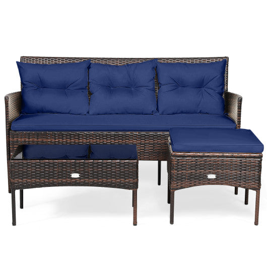 3 Pieces Patio Furniture Sectional Set with 5 Cozy Cushions-Navy