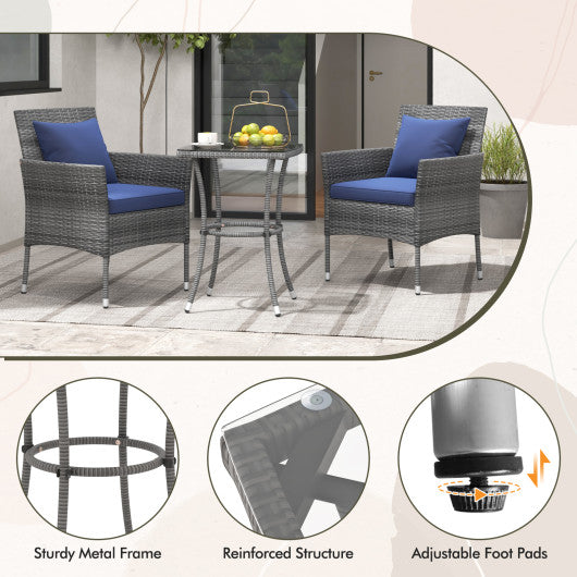 3 Pieces Patio Furniture Set with Cushioned Patio Chairs and Tempered Glass Coffee Table-Navy