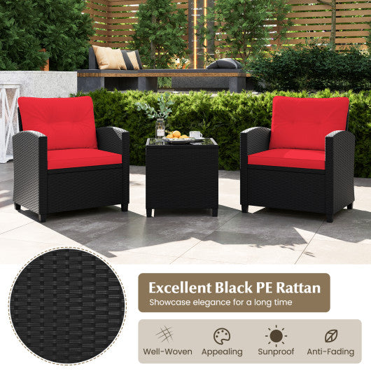 3 Pieces Patio Furniture Set with Tempered Glass Coffee Table-Red