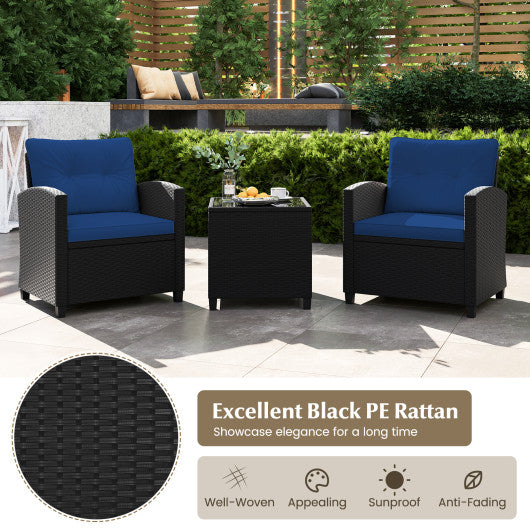 3 Pieces Patio Furniture Set with Tempered Glass Coffee Table-Navy