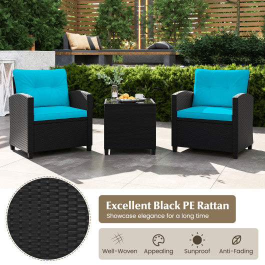 3 Pieces Patio Furniture Set with Tempered Glass Coffee Table-Turquoise