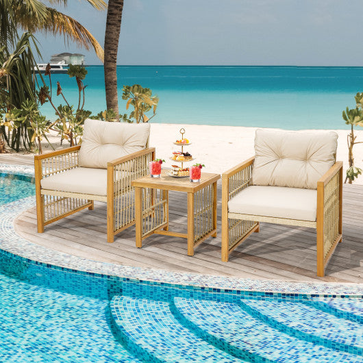 3 Pieces Patio PE Wicker Conversation Set with Acacia Wood Frame and Cushions-Beige