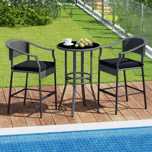 3-Piece Patio Rattan Bar Set with Tempered Glass Top for Backyard Poolside-Gray