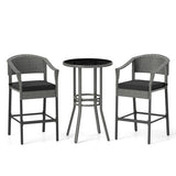 3-Piece Patio Rattan Bar Set with Tempered Glass Top for Backyard Poolside-Gray