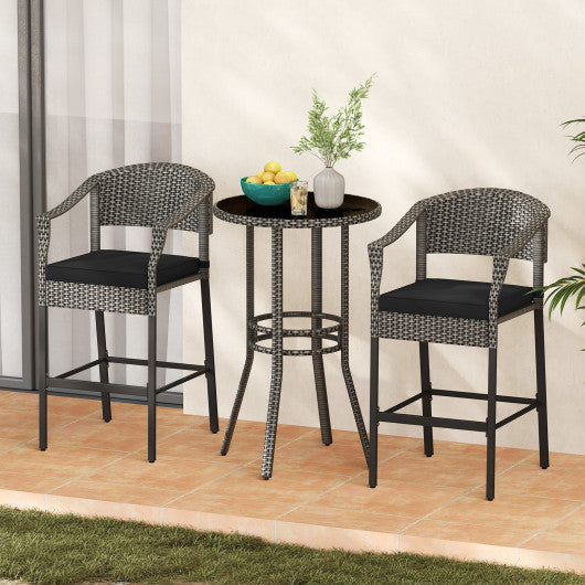 3-Piece Patio Rattan Bar Set with Tempered Glass Top for Backyard Poolside-Gray