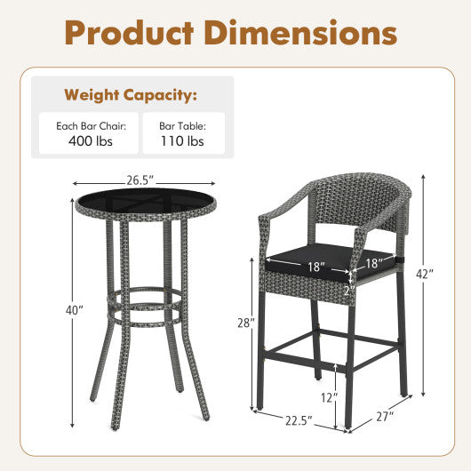 3-Piece Patio Rattan Bar Set with Tempered Glass Top for Backyard Poolside-Gray