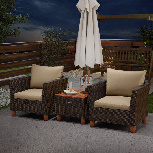 3 Pieces Patio Rattan Bistro Furniture Set with Wooden Table Top-Beige