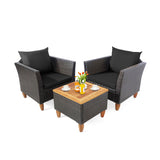 3 Pieces Patio Rattan Bistro Furniture Set with Wooden Table Top-Black