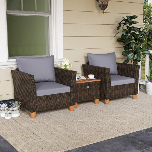 3 Pieces Patio Rattan Bistro Furniture Set with Wooden Table Top-Gray