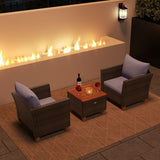 3 Pieces Patio Rattan Bistro Furniture Set with Wooden Table Top-Gray