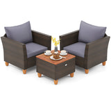3 Pieces Patio Rattan Bistro Furniture Set with Wooden Table Top-Gray