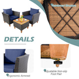 3 Pieces Patio Rattan Bistro Furniture Set with Wooden Table Top-Navy