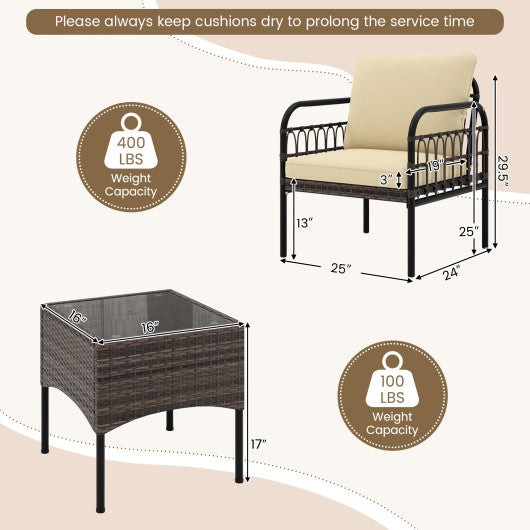 3 Pieces Patio Wicker Conversation Set with Cushions and Tempered Glass Coffee Table-Beige