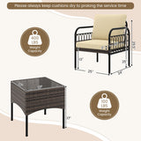 3 Pieces Patio Wicker Conversation Set with Cushions and Tempered Glass Coffee Table-Beige