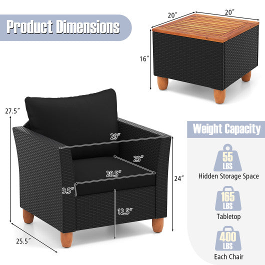 3 Pieces Outdoor Patio Rattan Furniture Set-Black