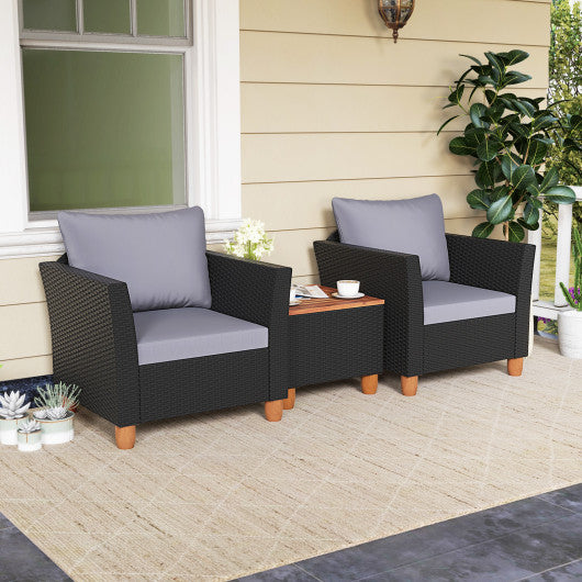 3 Pieces Outdoor Patio Wicker Furniture Set with Cushions and Acacia Wood Coffee Table-Gray