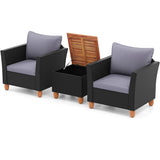 3 Pieces Outdoor Patio Wicker Furniture Set with Cushions and Acacia Wood Coffee Table-Gray